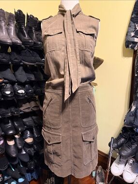 Moschino Cheap and Chic Sleeveless Tie-Neck Utility Dress in Taupe